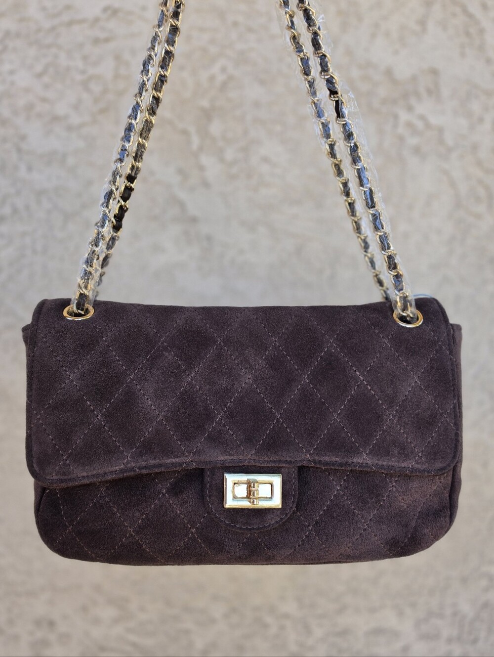 Tiffany and Fred Paris Classic Quilted Suede Shoulder Bag in Dark Brown NWT